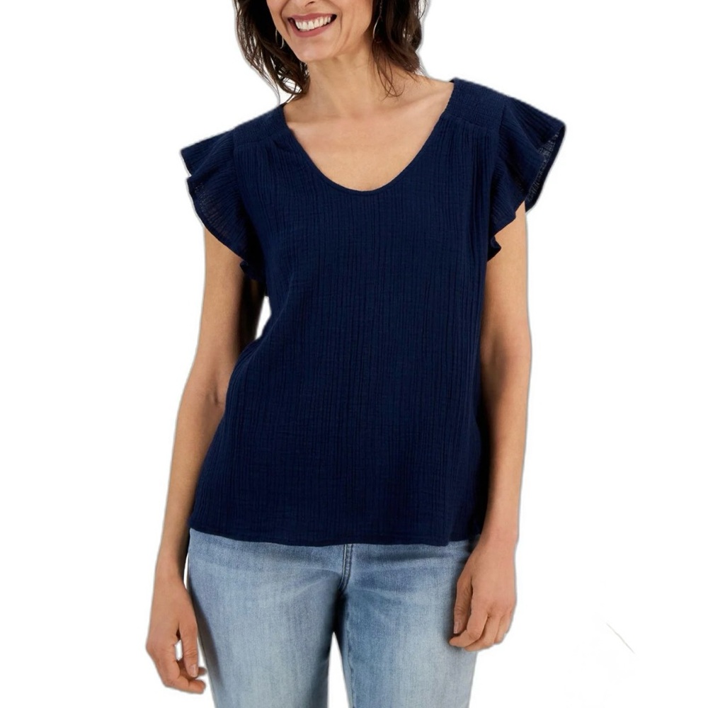 STYLE & CO COTTON GAUZE FLUTTER-SLEEVE TOP Industrial Blue EUC 3X